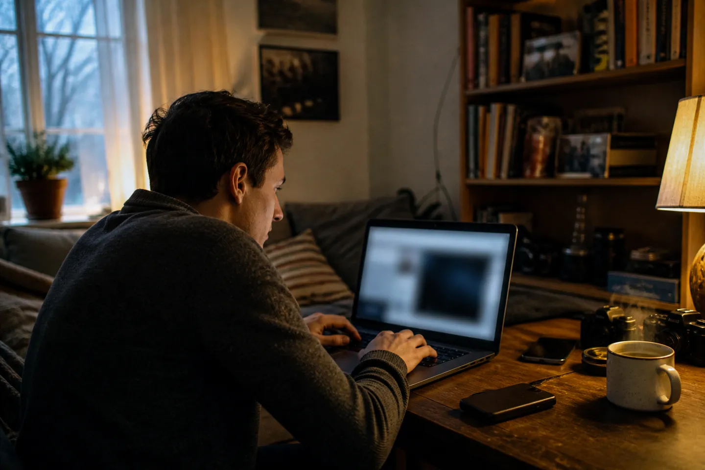 A person is immersed in exploring the black web in a cozy living room.