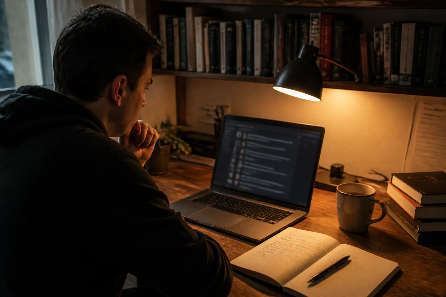A person analyzing onion links for reliability on a laptop in a warm room.