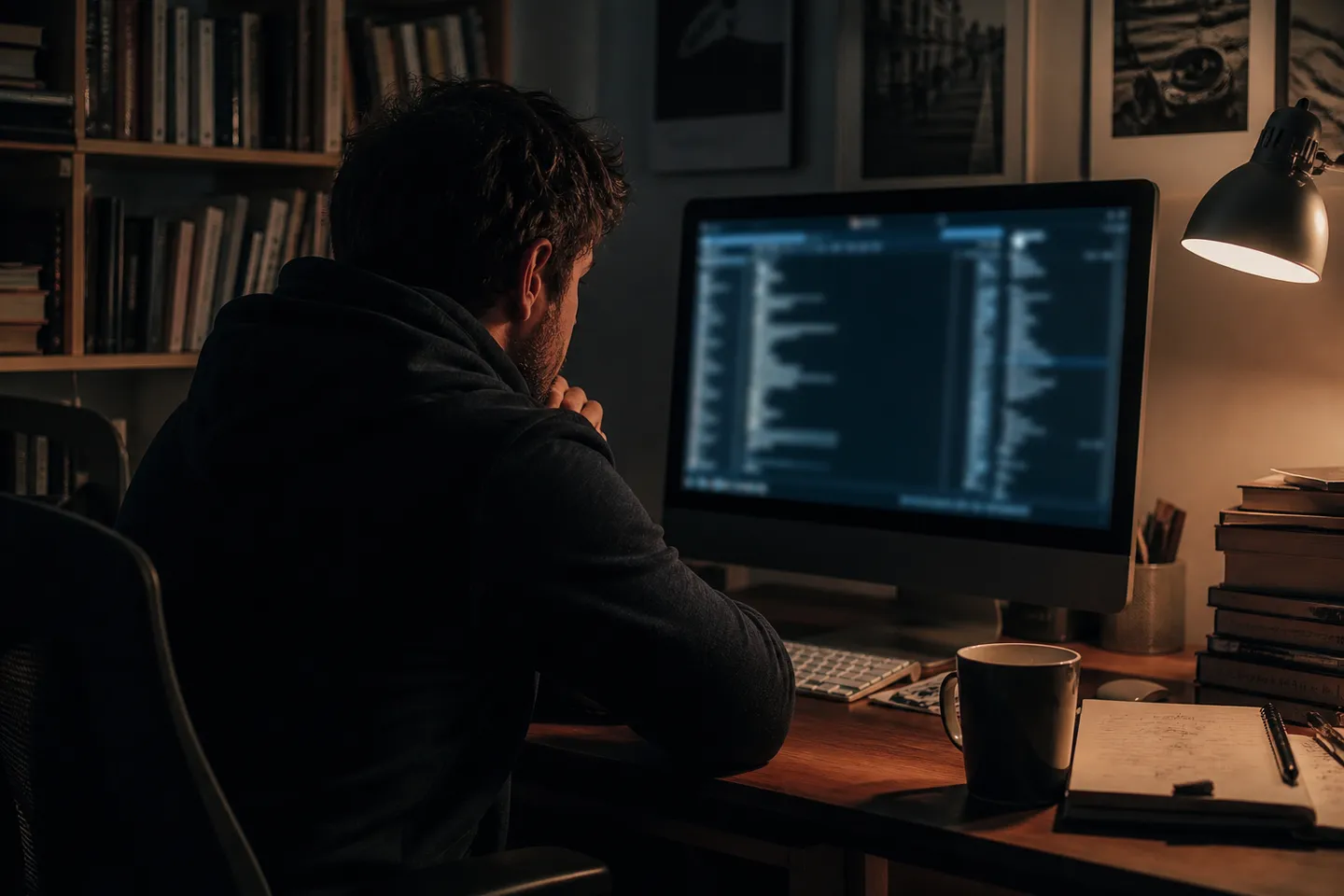 A user intently exploring the Hidden Wiki on a desktop computer in a cozy study.