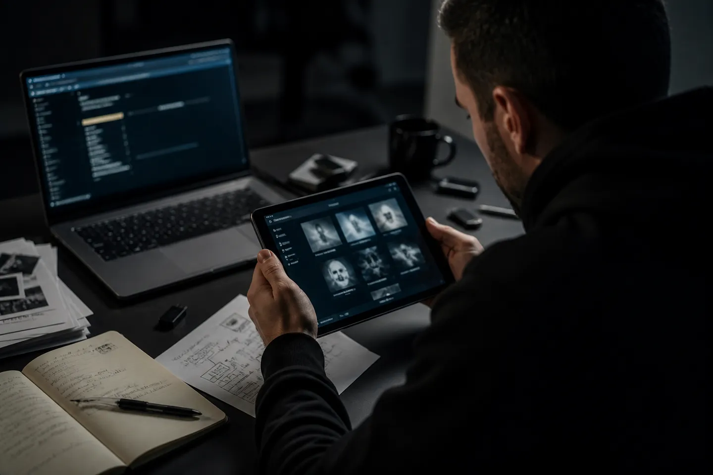 A user deeply engaged in analyzing darknet market listings on a tablet in a dimly lit room.