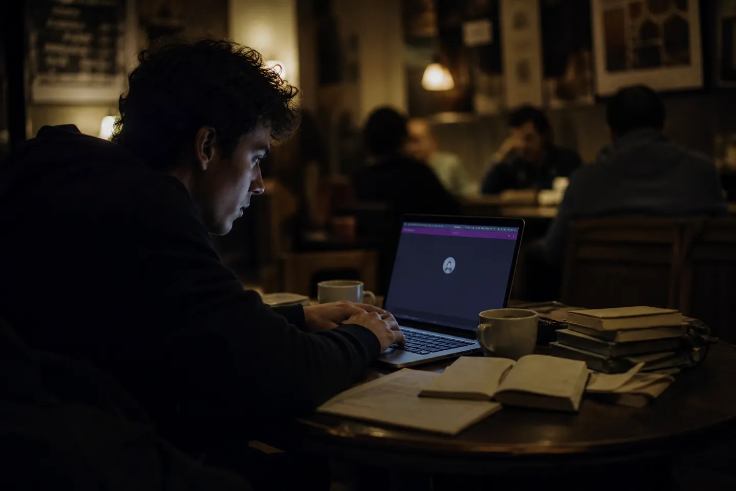 A person is focused on their laptop screen in a cozy coffee shop.