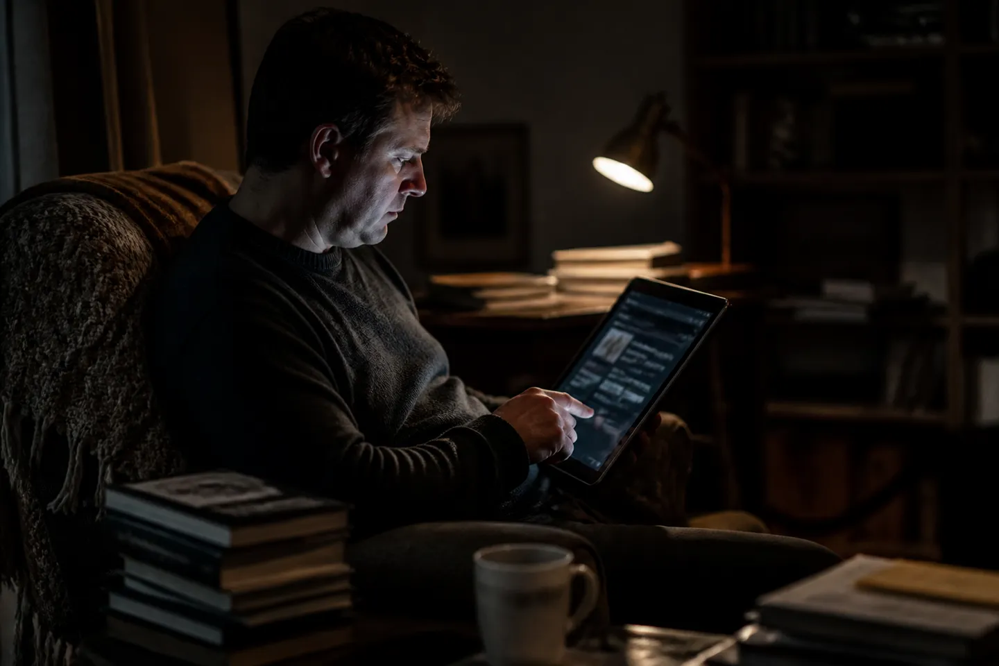 A person comfortably browsing dark web resources on a tablet in a cozy setting.