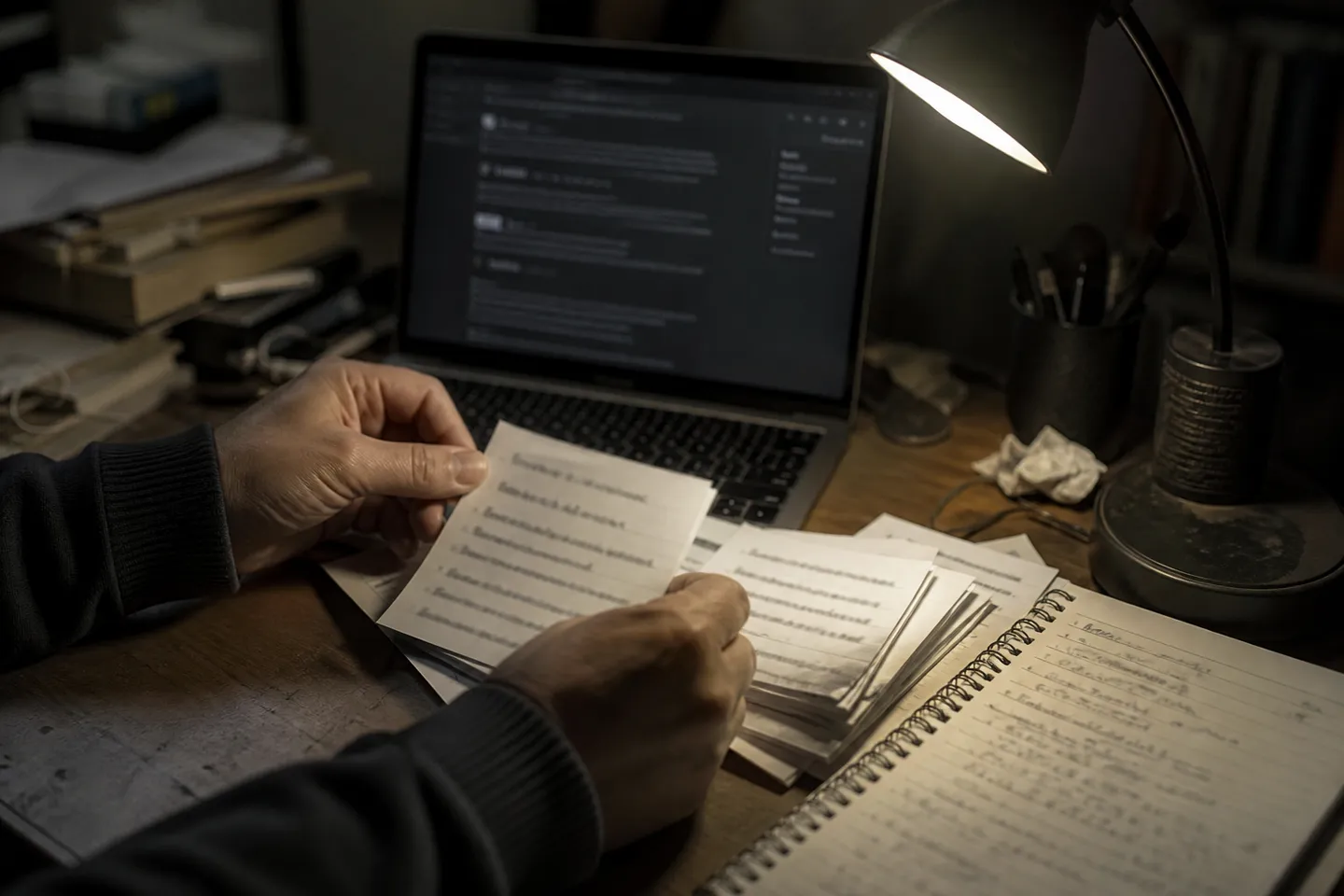 A person is meticulously organizing a list of dark web links on their desk.
