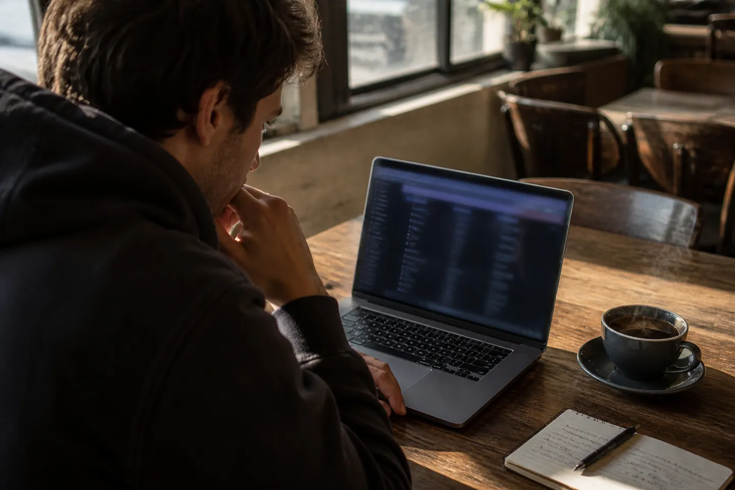 A young adult deeply engaged in exploring dark web directories at a cafe.
