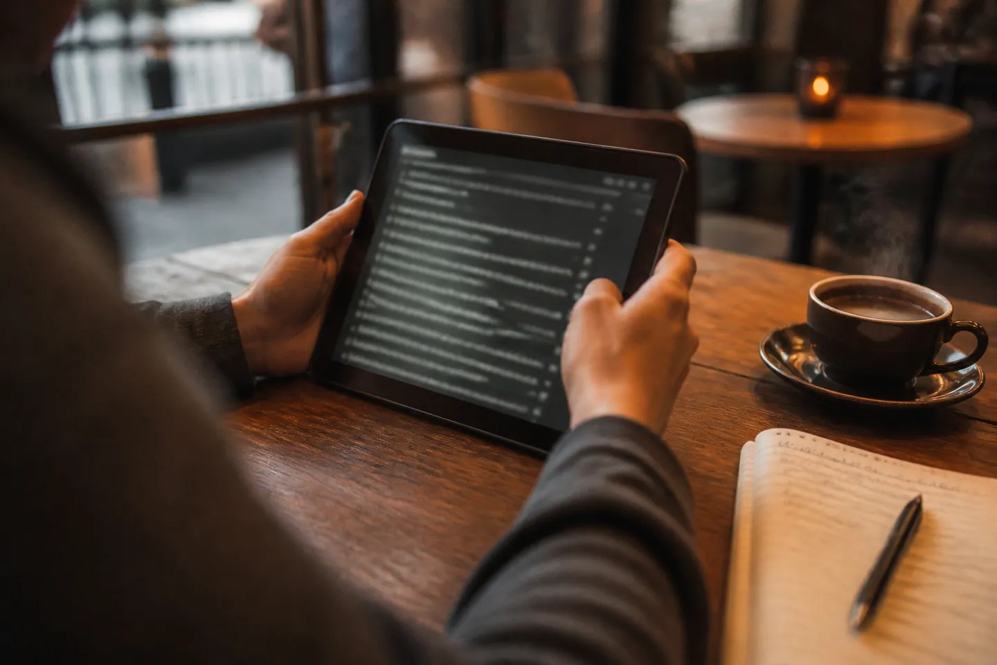 A person using a tablet to explore the Hidden Wiki in a cafe setting.