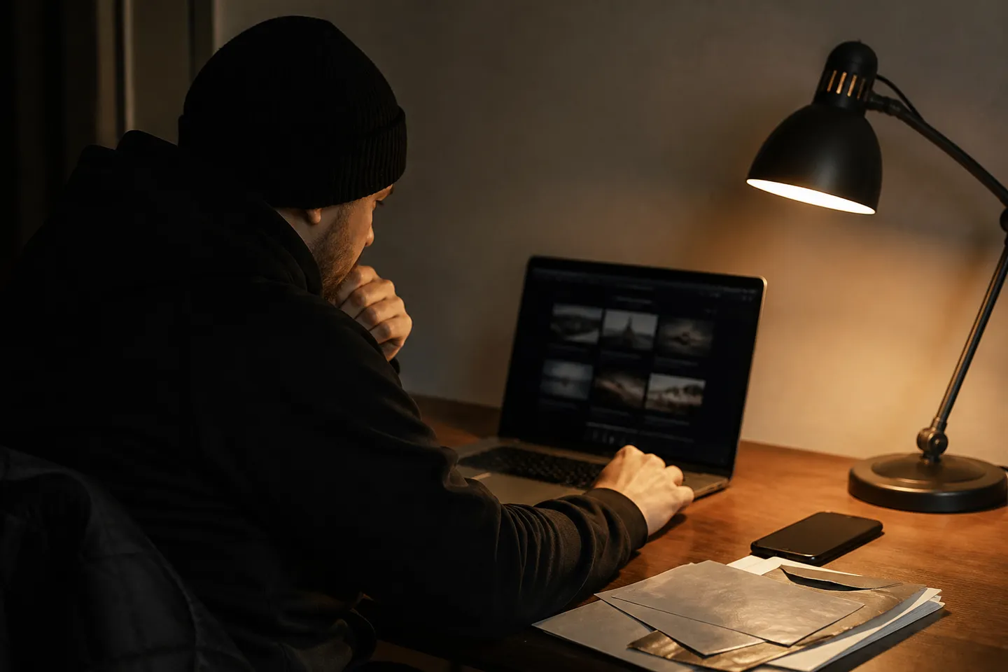 A person analyzes dark web marketplace listings on their laptop in a dimly lit home office.