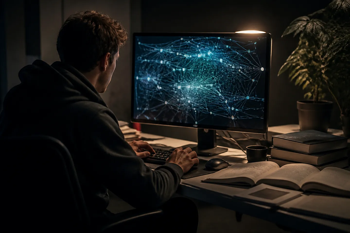 A researcher analyzes the structure of the deep web in a dimly lit office.