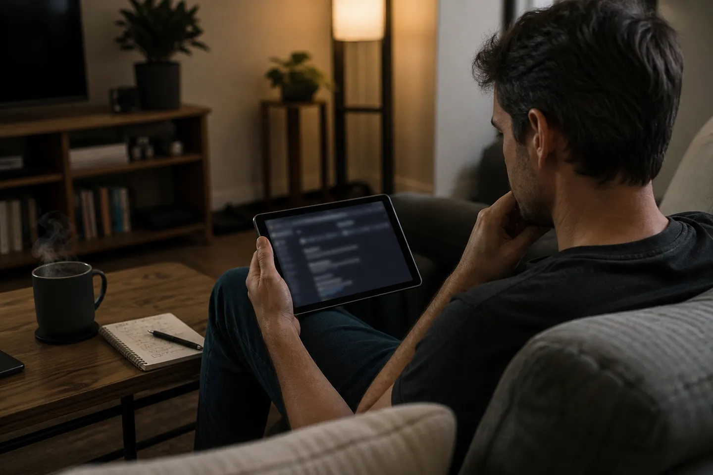 A user is engaged in researching Tor search engines using a tablet in a cozy living room.