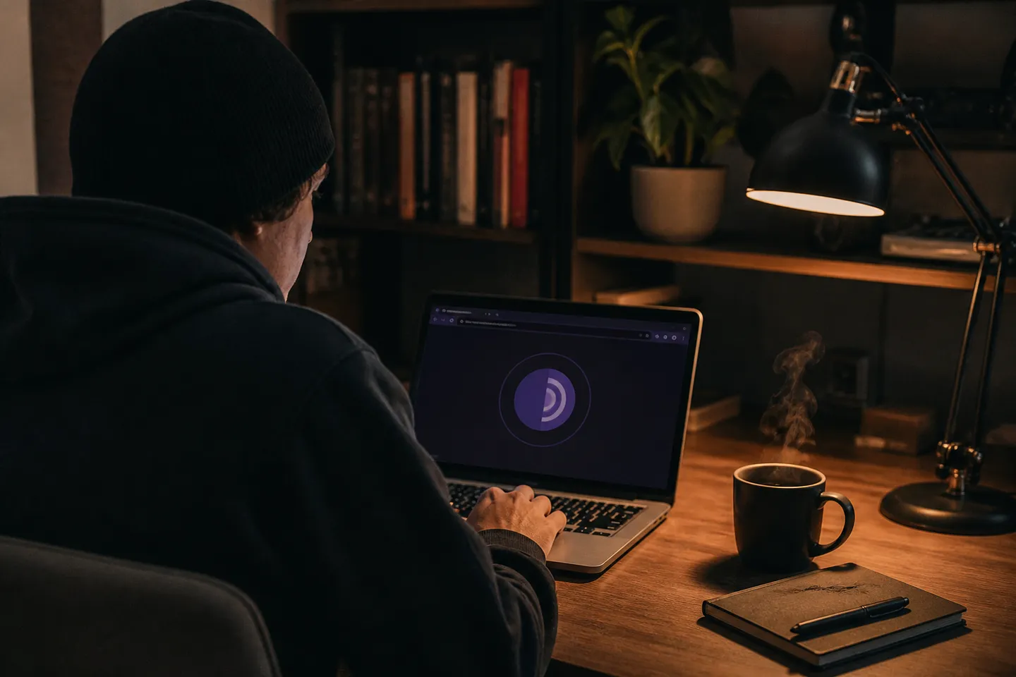 A user is engaged in browsing the Tor network at their desk.