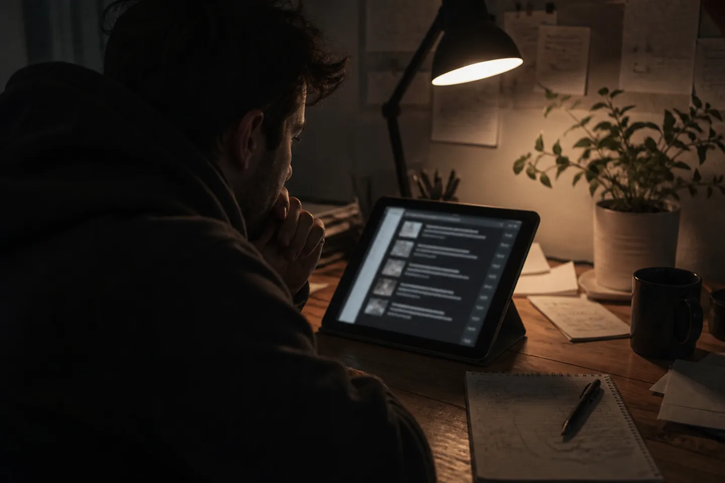 A user is examining dark web shop listings on a tablet in a cozy room.