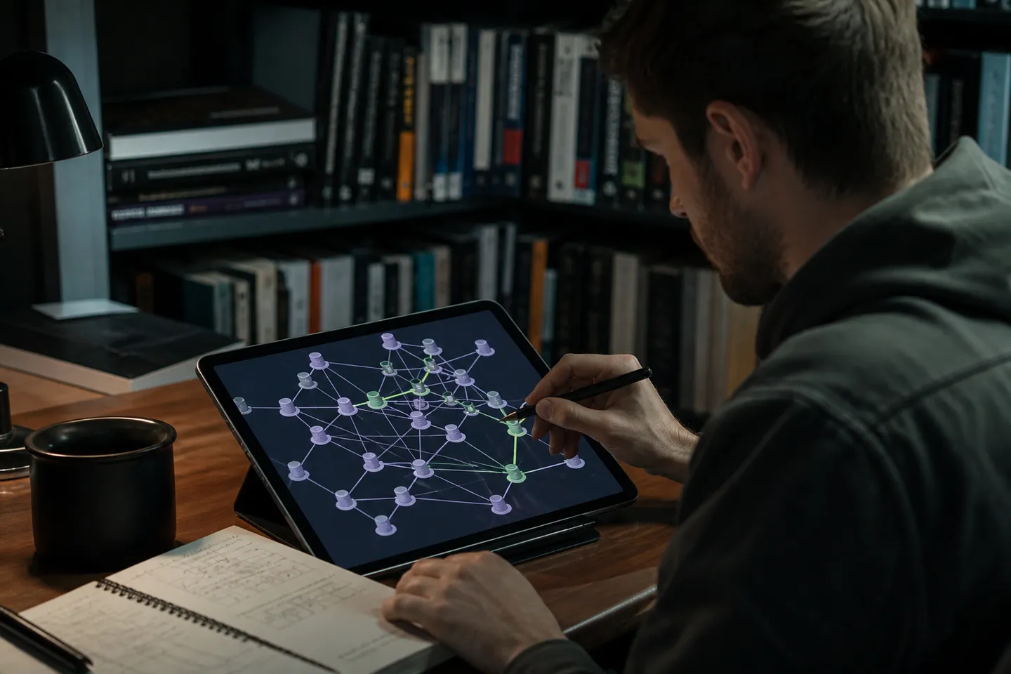 A user studies the Tor network topology on a tablet at a desk.