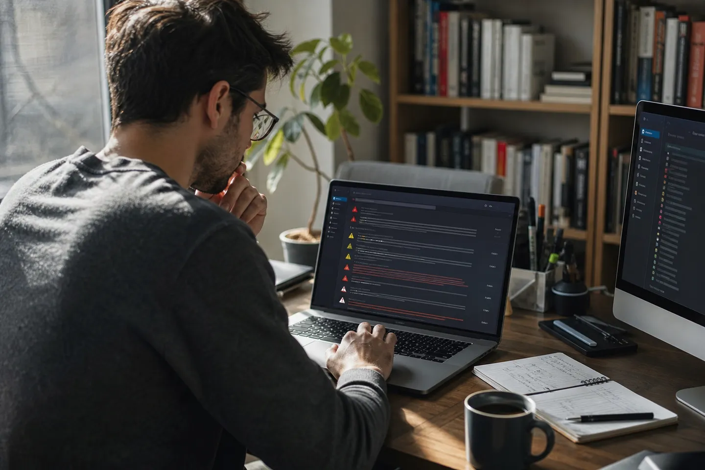 A person is analyzing email security alerts in their home office.