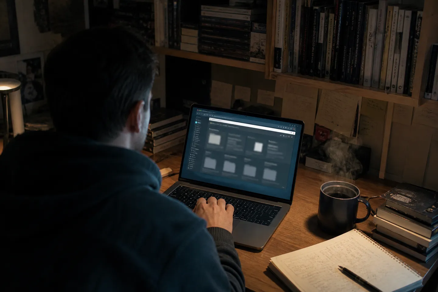 A focused individual browsing a .onion directory on a laptop in a cozy setting.