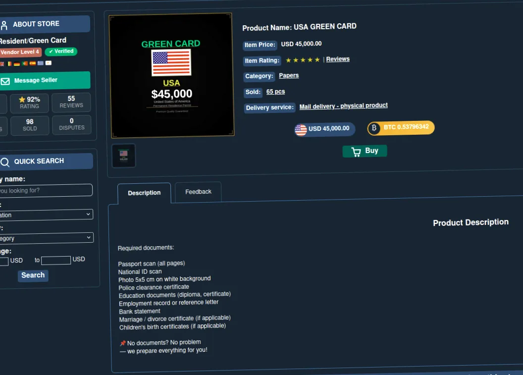 Advertisement offering US green card for $45,000