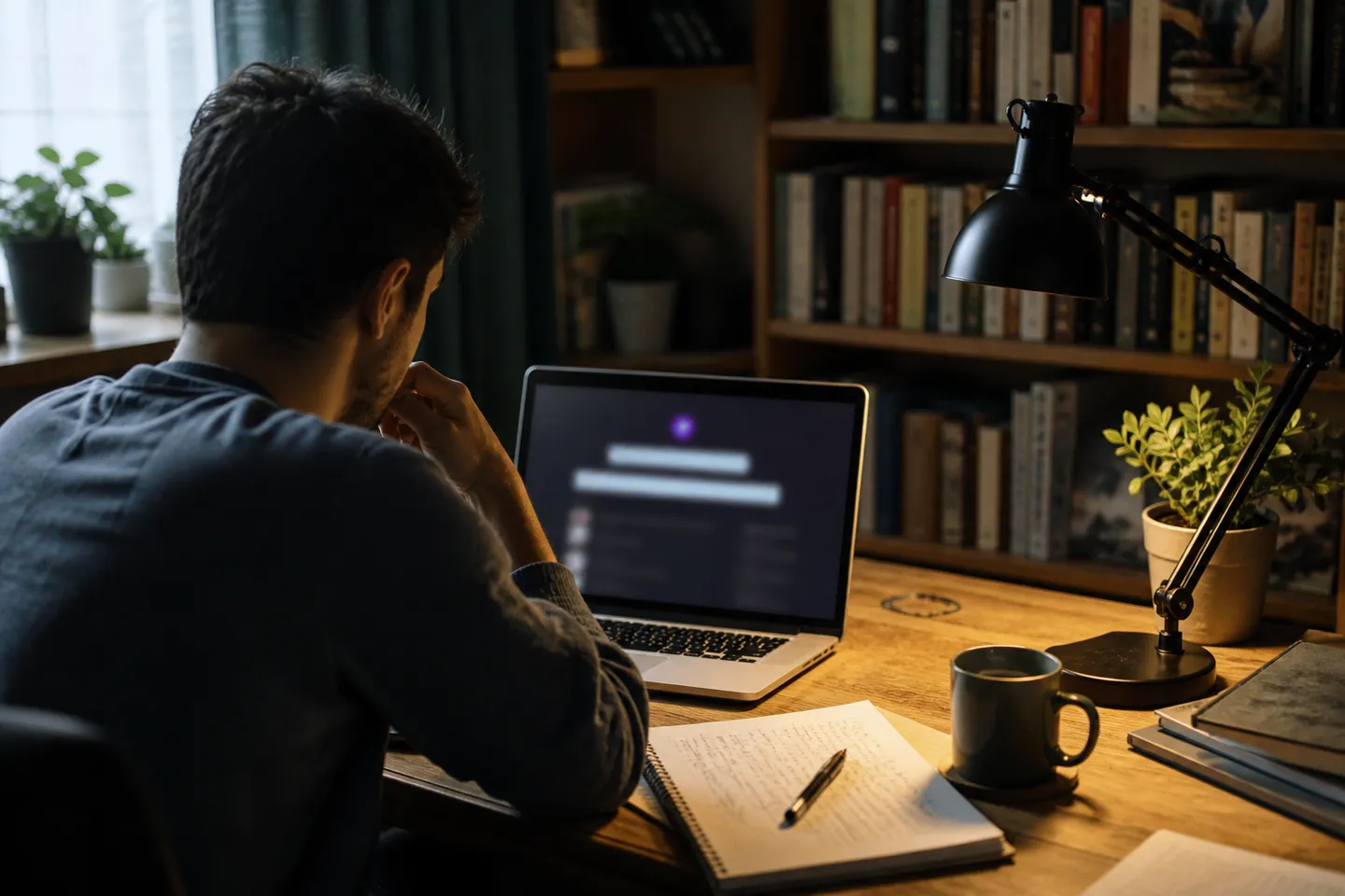 A user researching dark web addresses in a warm, inviting study.