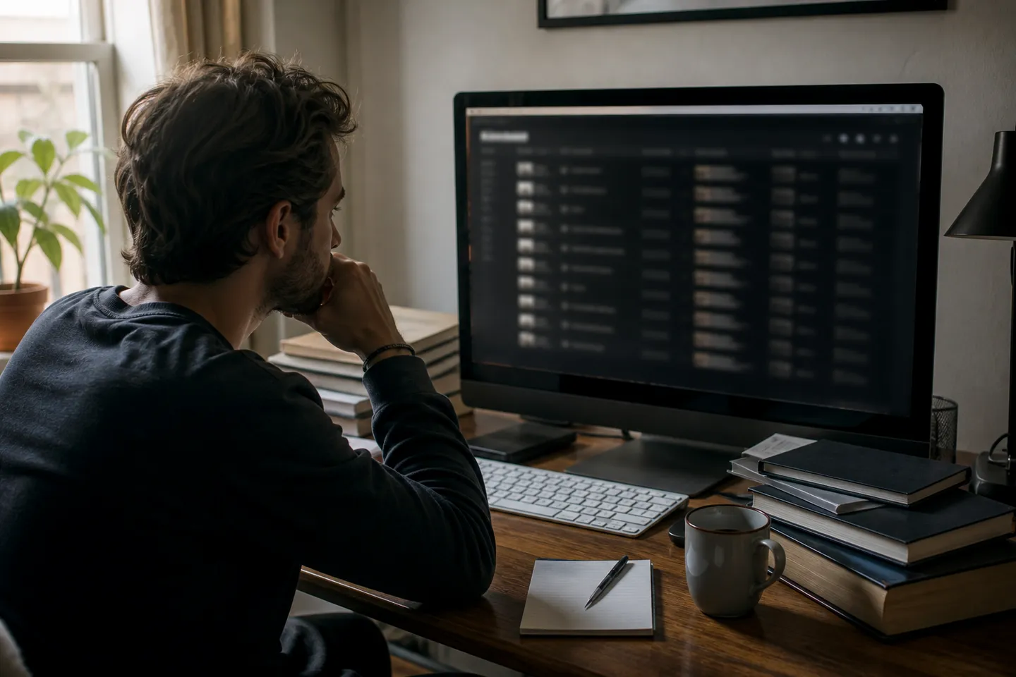 A person diligently researching curated deep web link sites on a desktop computer.