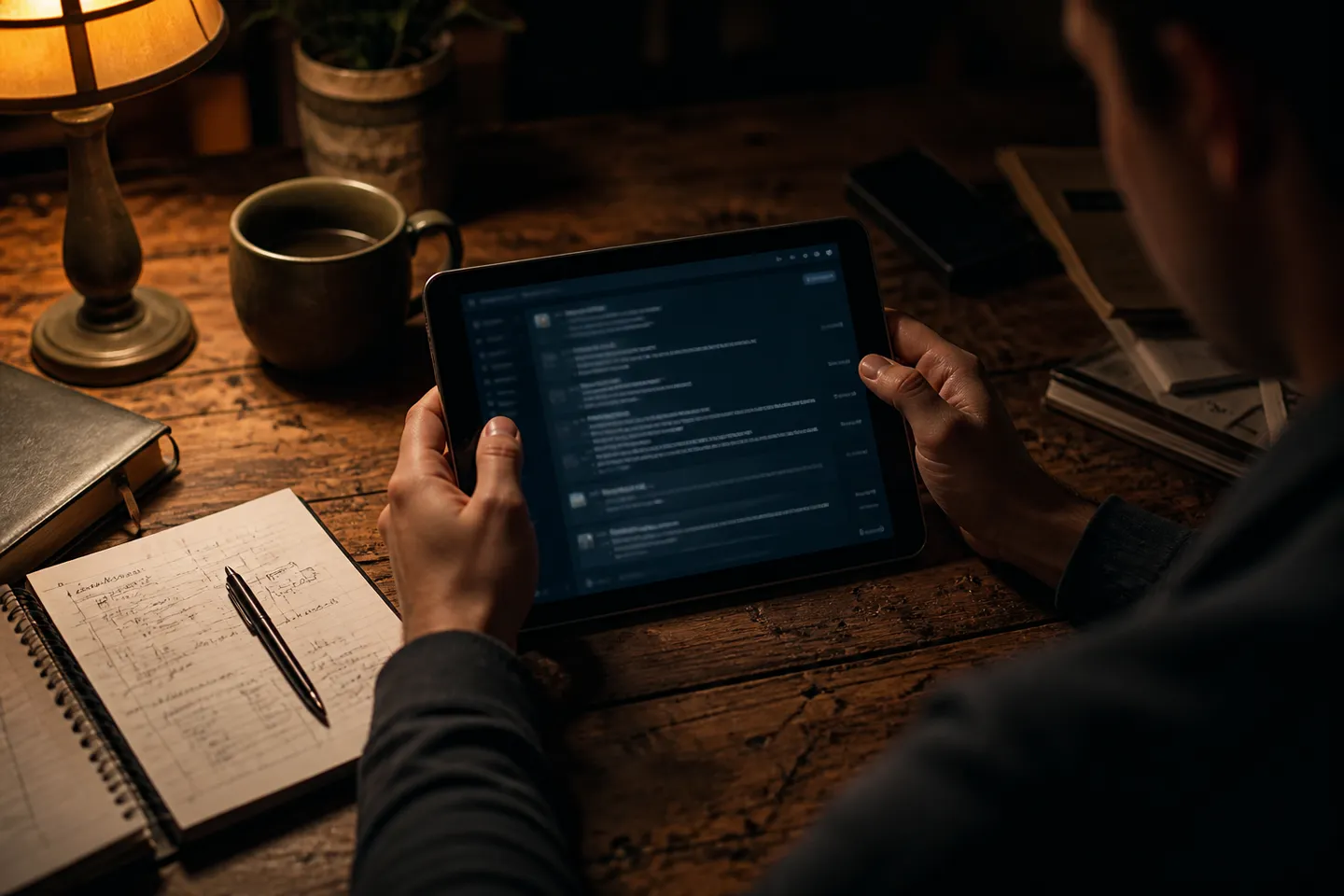 A user immersed in a dark web forum discussion on a tablet.