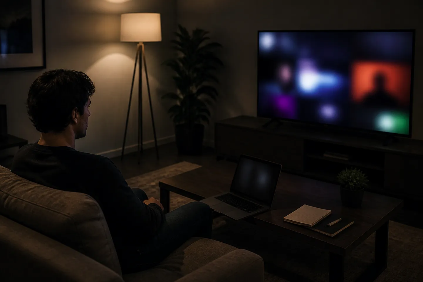 A person is absorbed in watching dark web video content on a smart TV in a cozy living room.